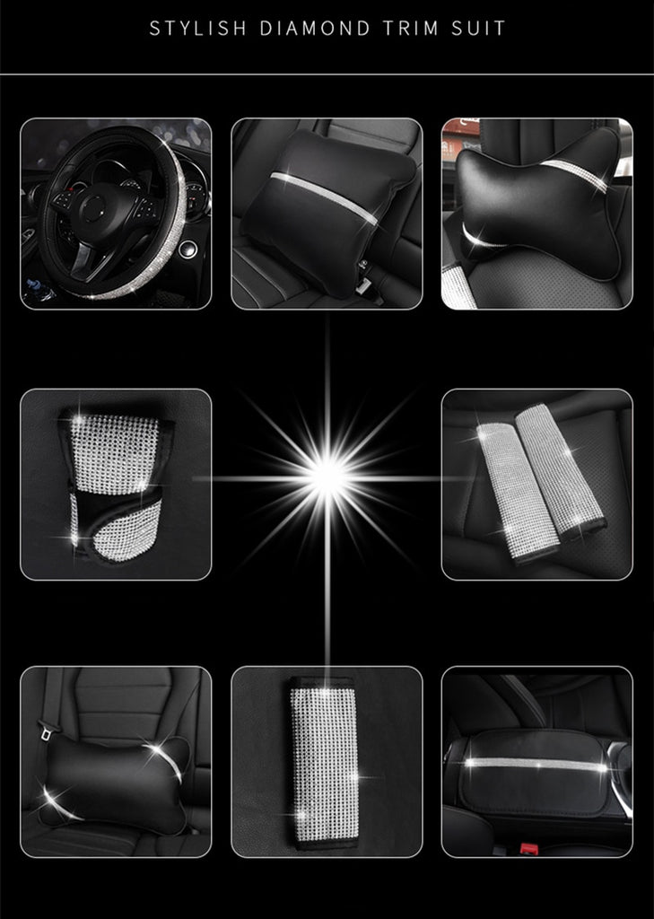 Fashion Universal Bling Crystal Rhinestone Diamond Faux Leather Car for Steering Wheel Covers Shift Knob Handbrake Seat-belt Neck Pillow Waist Support Armrest-pad Auto Accessories Set Series