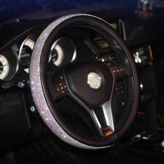 Fashion Universal Bling Crystal Rhinestone Diamond Faux Leather Car for Steering Wheel Covers Shift Knob Handbrake Seat-belt Neck Pillow Waist Support Armrest-pad Auto Accessories Set Series
