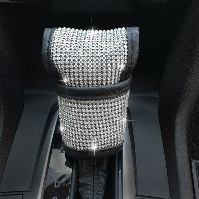 Fashion Universal Bling Crystal Rhinestone Diamond Faux Leather Car for Steering Wheel Covers Shift Knob Handbrake Seat-belt Neck Pillow Waist Support Armrest-pad Auto Accessories Set Series