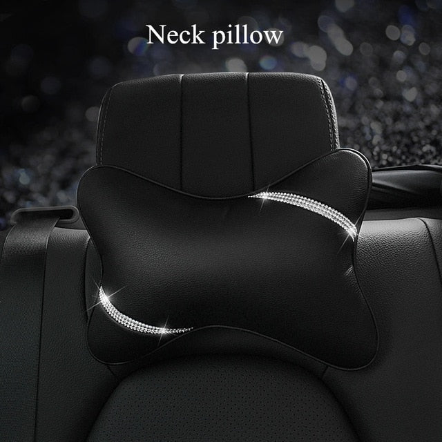 Fashion Universal Bling Crystal Rhinestone Diamond Faux Leather Car for Steering Wheel Covers Shift Knob Handbrake Seat-belt Neck Pillow Waist Support Armrest-pad Auto Accessories Set Series