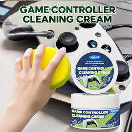 Game controller cleaning cream with sponge on gaming desk, PS5 Xbox Switch controller cleaner