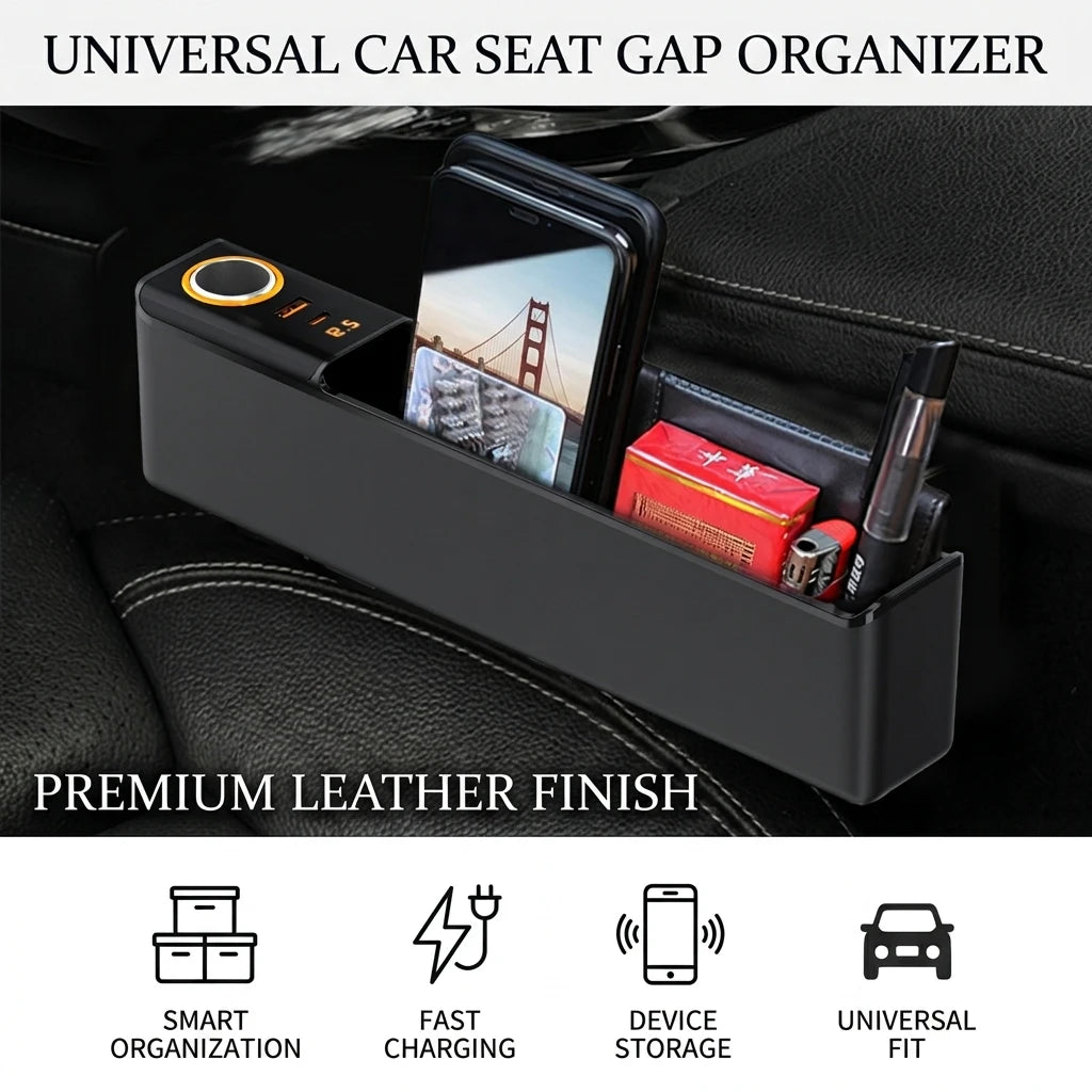 Premium Leather Car Seat Gap Organizer | Universal Auto Console Storage Box with Dual USB Charging