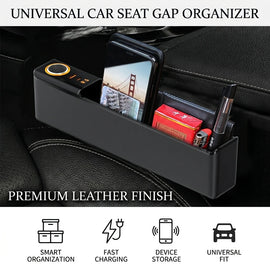 Premium Leather Car Seat Gap Organizer | Universal Auto Console Storage Box with Dual USB Charging