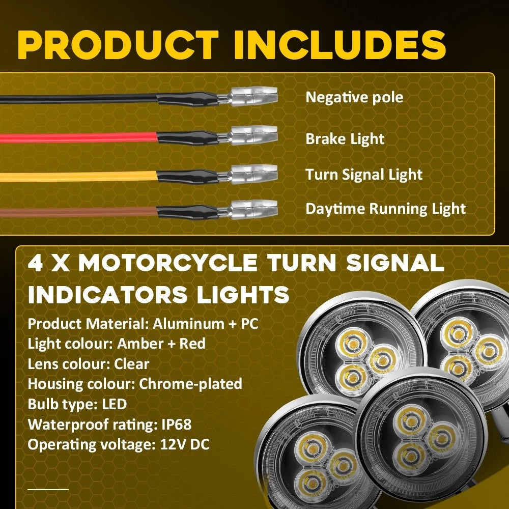 4PCS Motorcycle LED DRL Turn Signal Light Indicator Amber Red Chrome Front Rear