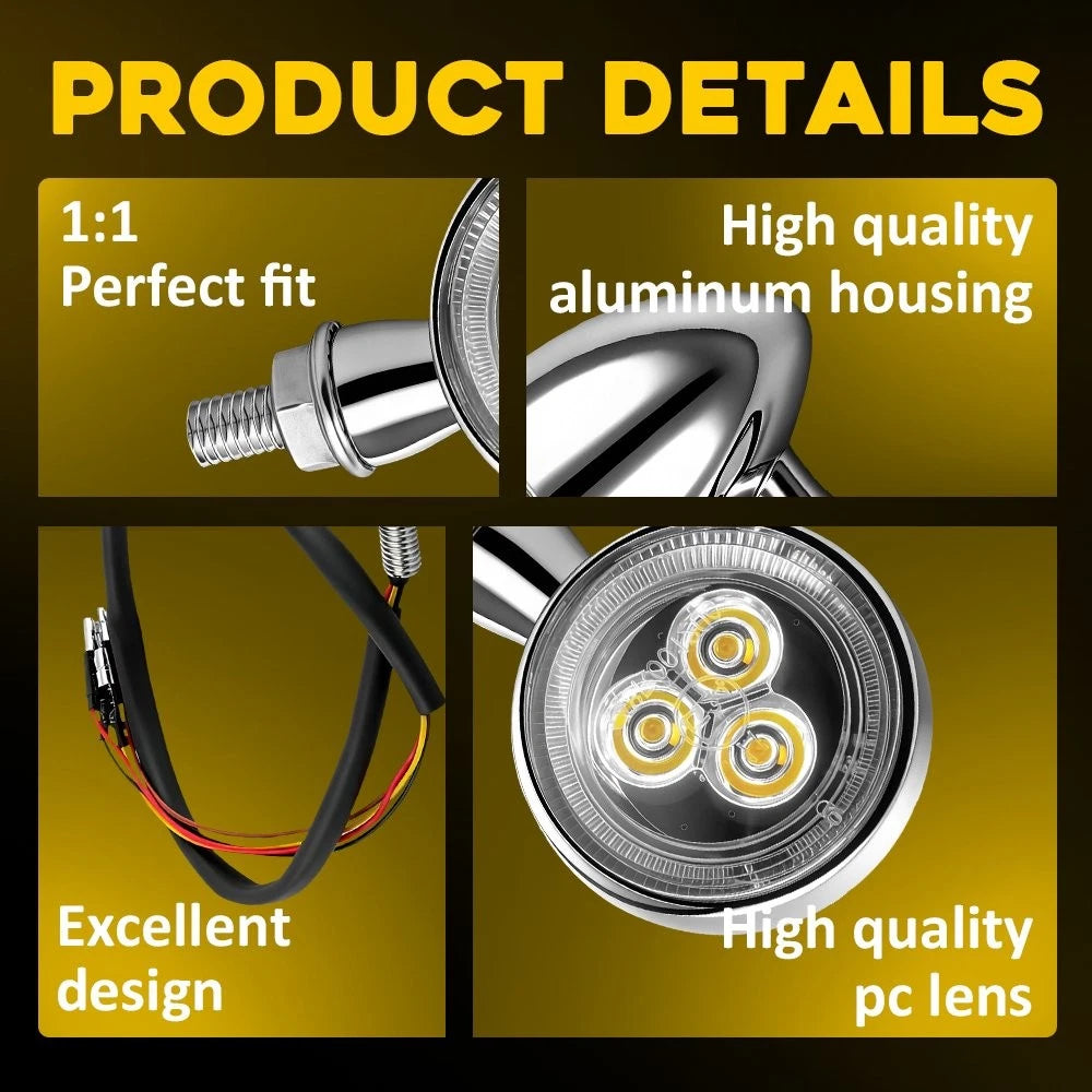 4PCS Motorcycle LED DRL Turn Signal Light Indicator Amber Red Chrome Front Rear