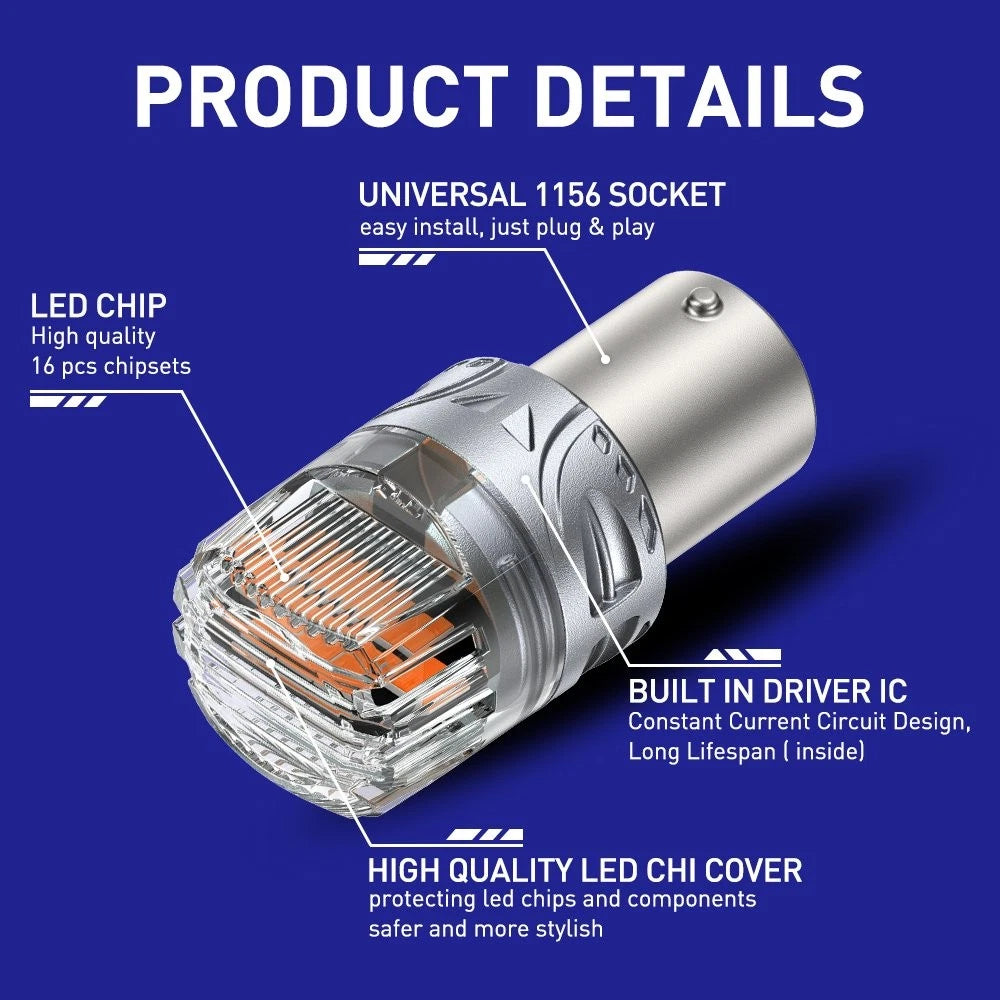 Pair 1156 Amber LED Turn Tail Signal Light Bulb Error Free SMD Silver BRS Bright