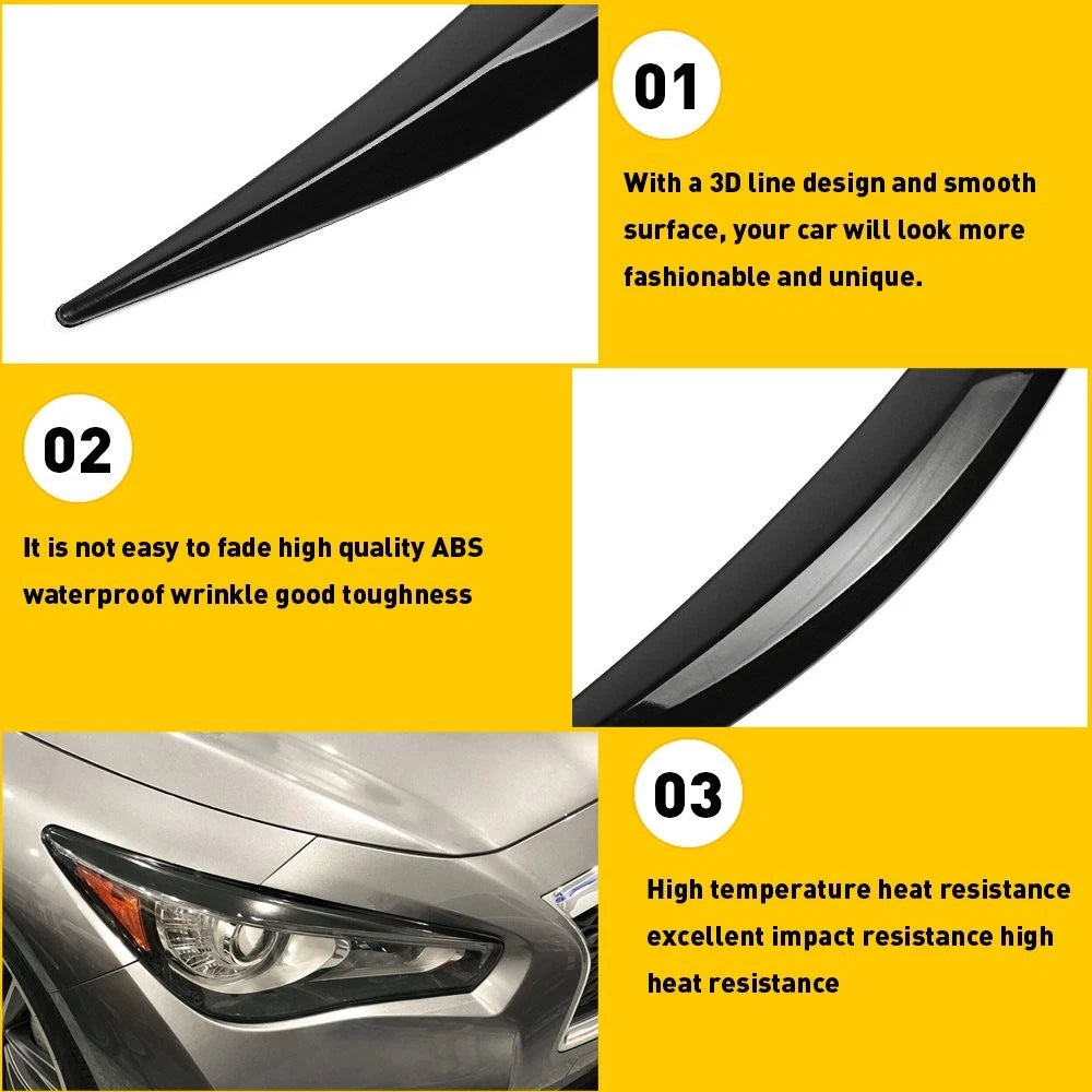 For 2014-2023 Infiniti Q50 Glossy Black Eyebrow Eyelid Trim Headlight Rear 2-20x