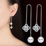 1Pair Lucky Leaves Flowers 925 Sterling Silver Tassel Drop Earrings Long Chain Ear Line Crystal Pearls