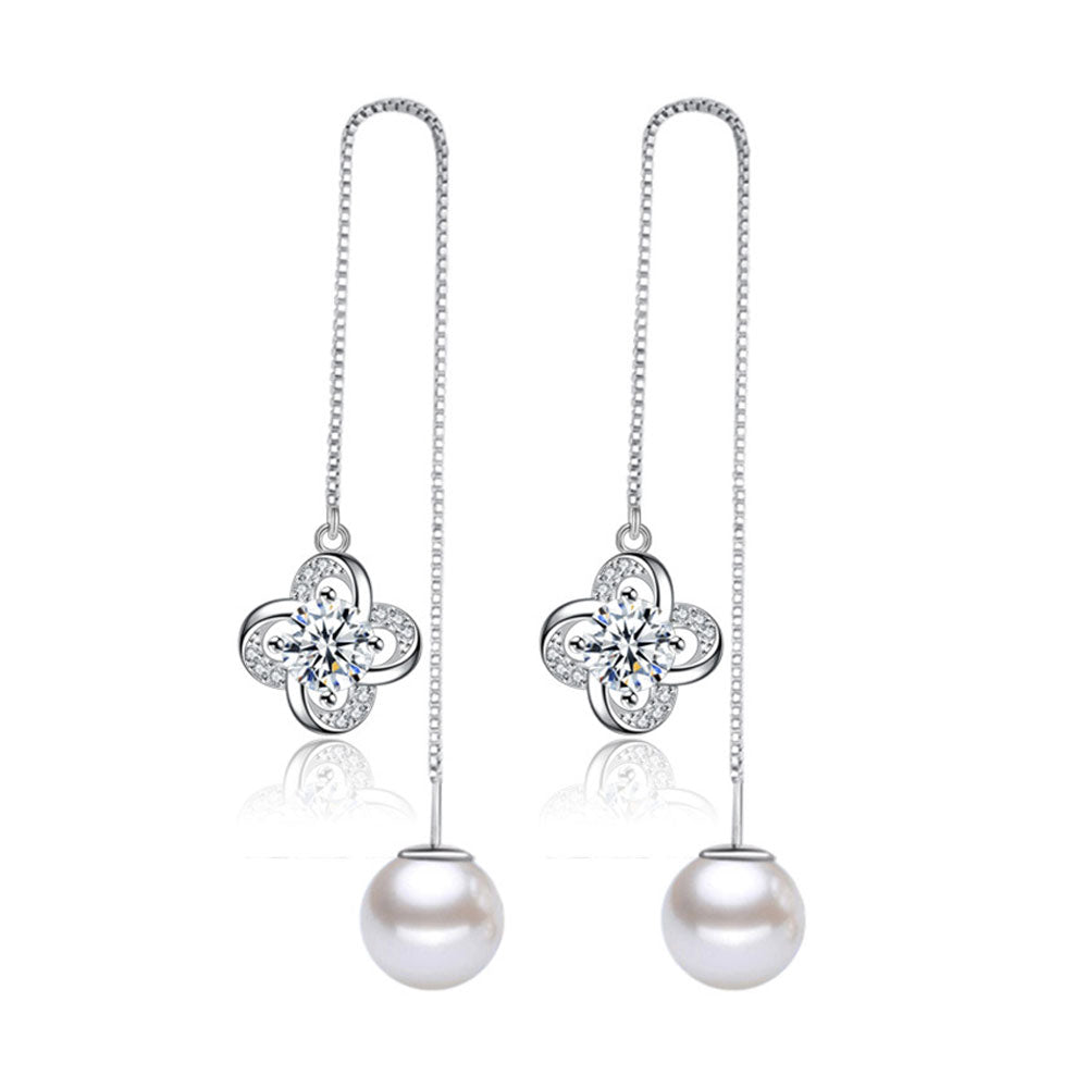 1Pair Lucky Leaves Flowers 925 Sterling Silver Tassel Drop Earrings Long Chain Ear Line Crystal Pearls - US85.COM
