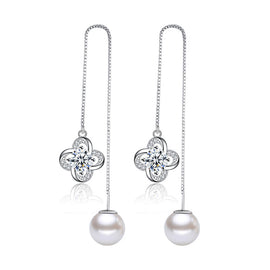 1Pair Lucky Leaves Flowers 925 Sterling Silver Tassel Drop Earrings Long Chain Ear Line Crystal Pearls - US85.COM