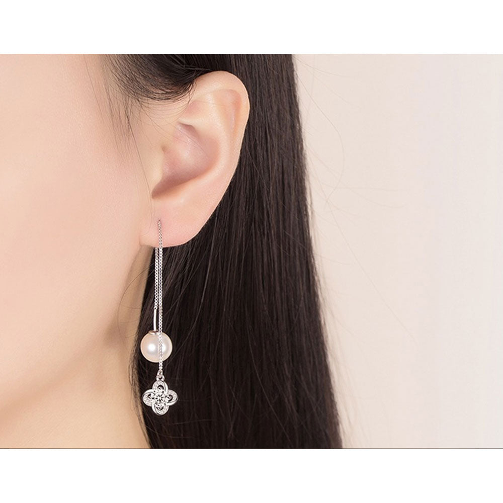 1Pair Lucky Leaves Flowers 925 Sterling Silver Tassel Drop Earrings Long Chain Ear Line Crystal Pearls - US85.COM