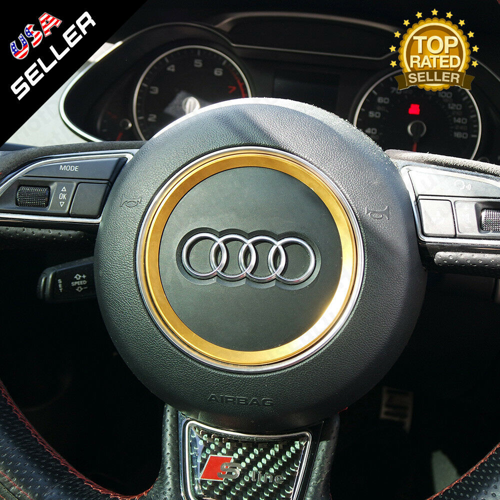 Audi Aluminum Steering Wheel Ring Logo Badge Sticker Emblem Decoration - Gold - US85.COM