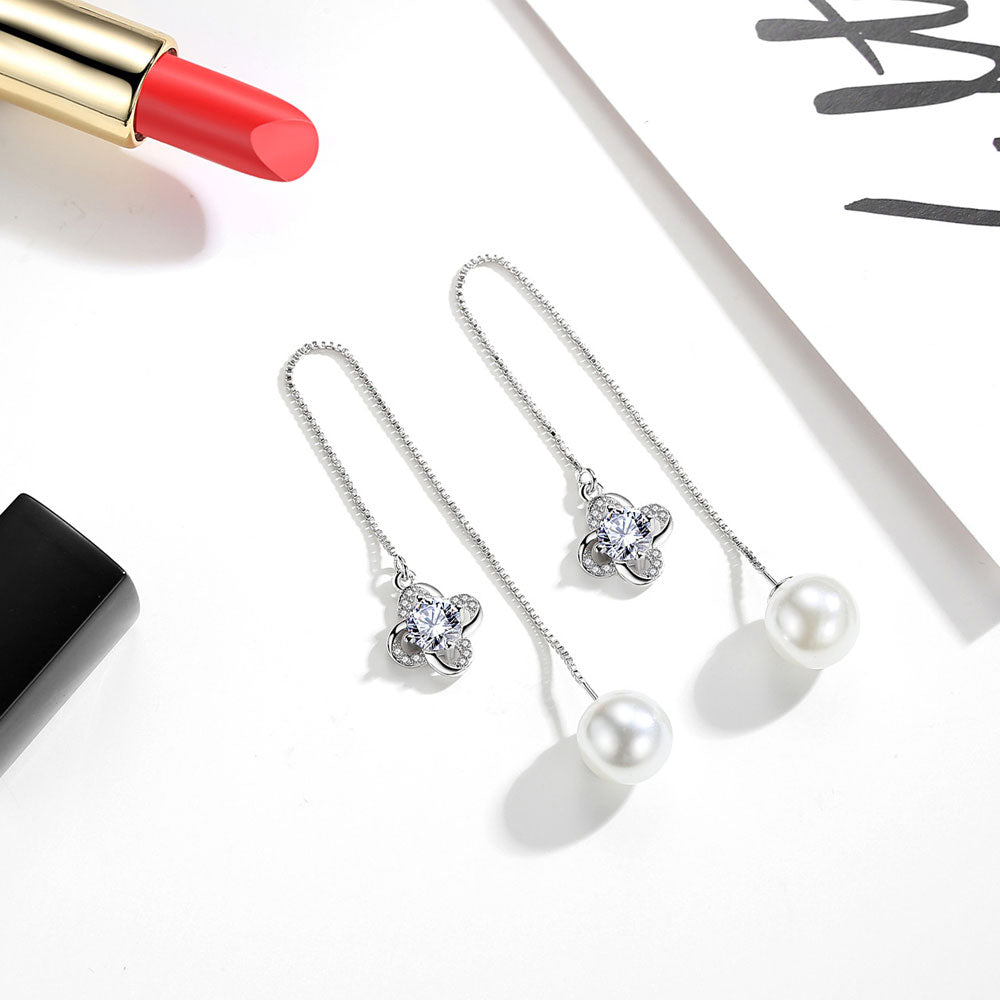 1Pair Lucky Leaves Flowers 925 Sterling Silver Tassel Drop Earrings Long Chain Ear Line Crystal Pearls - US85.COM