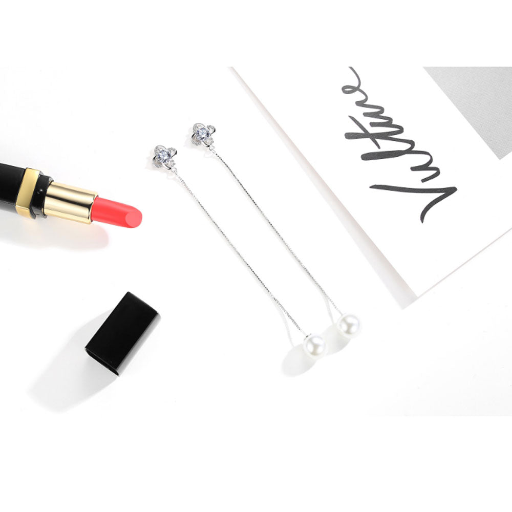 1Pair Lucky Leaves Flowers 925 Sterling Silver Tassel Drop Earrings Long Chain Ear Line Crystal Pearls - US85.COM