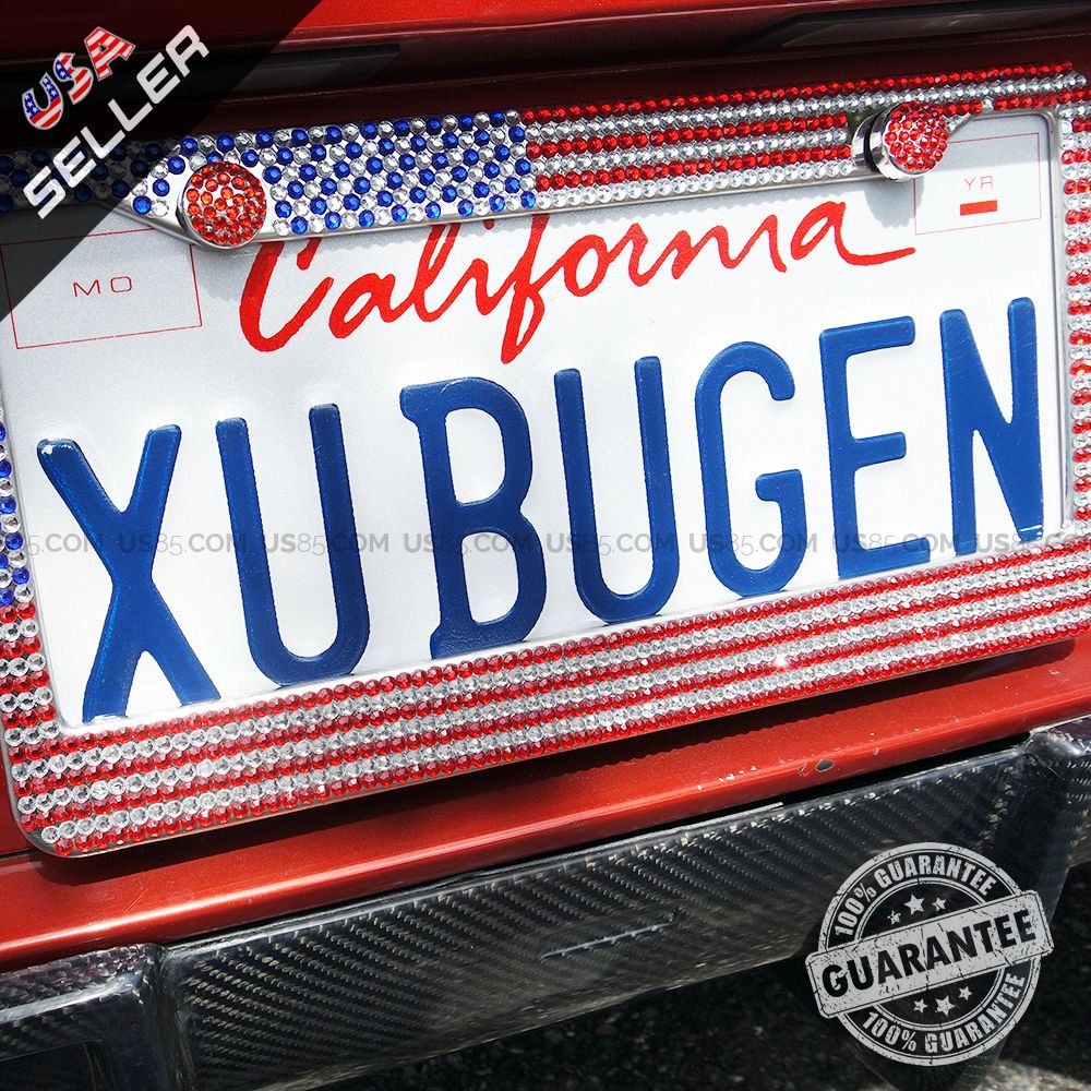 America US Diamond Silver Glitter Crystal Sparkling Bling Metal License Plate Frame Gift - US85.COM