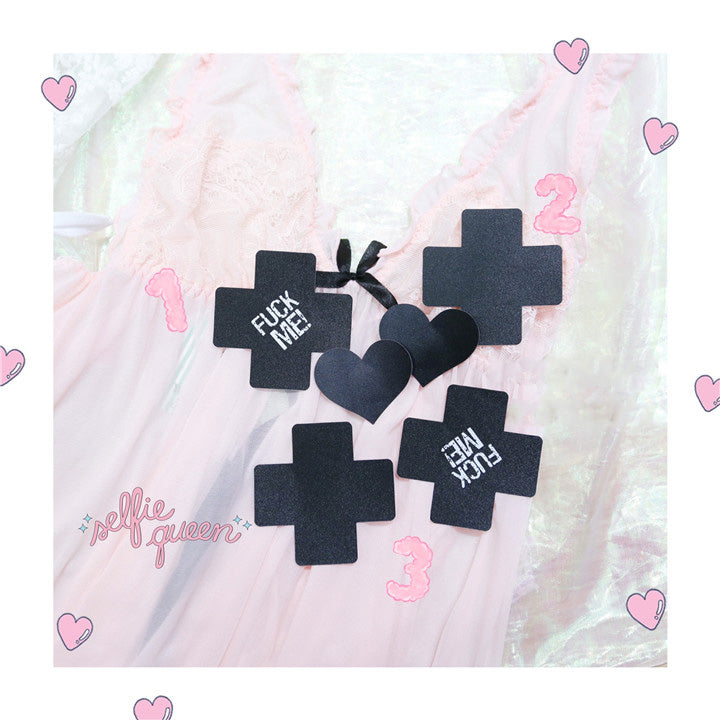 Sexy Women Black Cross with Letter Breast Nipple Covers Satin Adhesive Breast Pasties Petals - US85.COM
