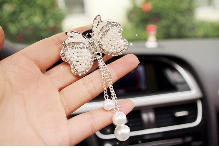 Fashion Diamond Pearl Bow Flower Car Styling Air Freshener Perfume For Car Air Condition Vent Smell Accessories Decoration