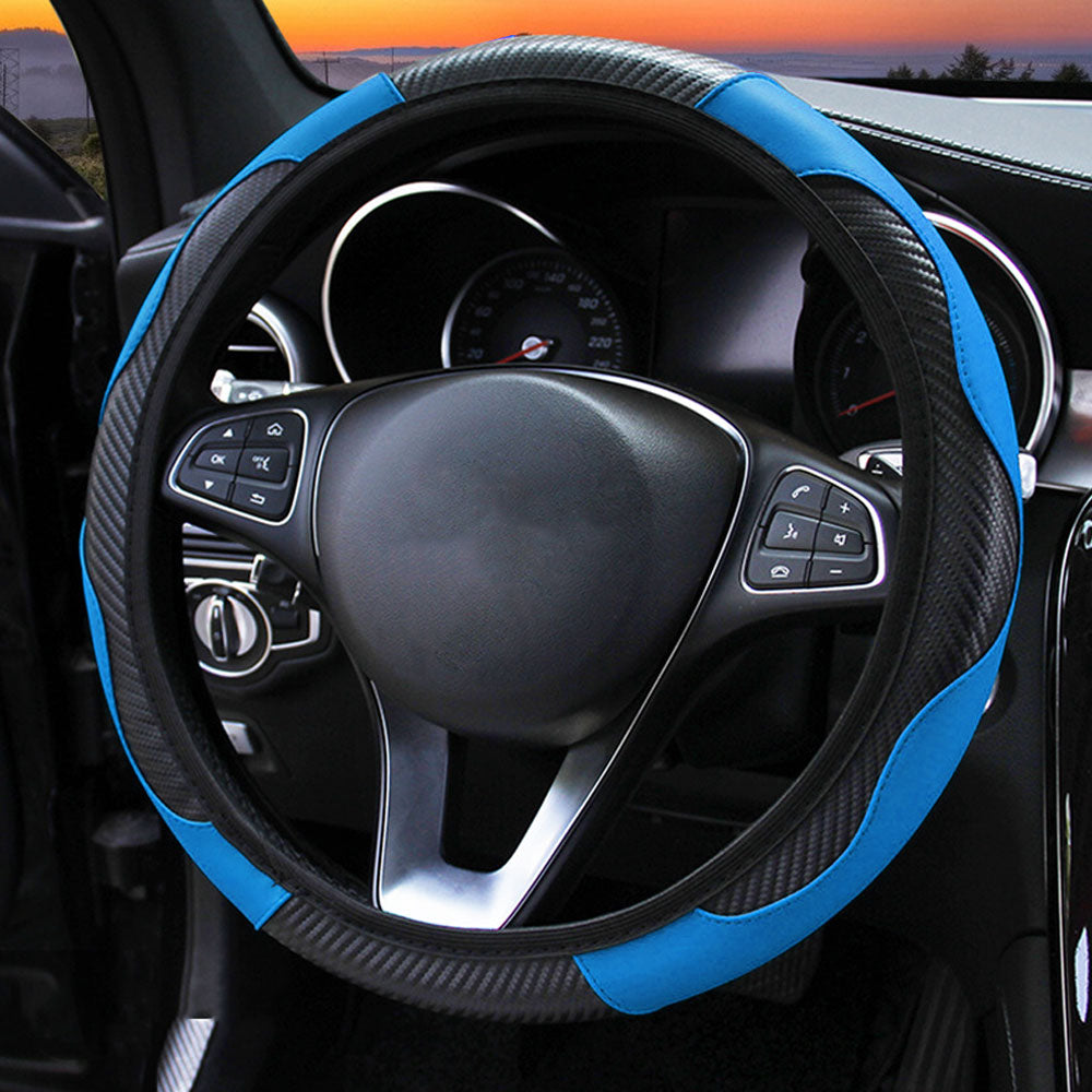 Carbon Fiber Car Steering Wheel Cover Breathable Anti Slip PU Leather Suitable 37-38cm for Auto Decoration