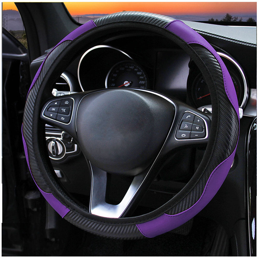 Carbon Fiber Car Steering Wheel Cover Breathable Anti Slip PU Leather Suitable 37-38cm for Auto Decoration