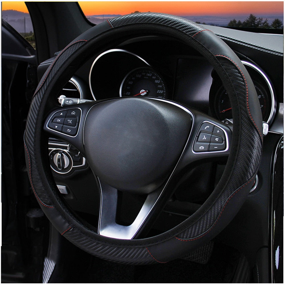 Carbon Fiber Car Steering Wheel Cover Breathable Anti Slip PU Leather Suitable 37-38cm for Auto Decoration