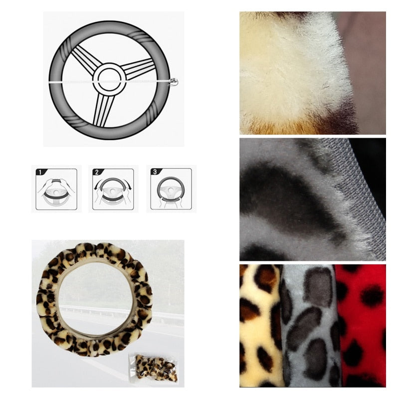 Universal Fashion Leopard Car Steering Wheel Cover Anti-Slip Soft Warm Flannelette Plush Elastic Section for Car Steering Wheel Protection Accessories