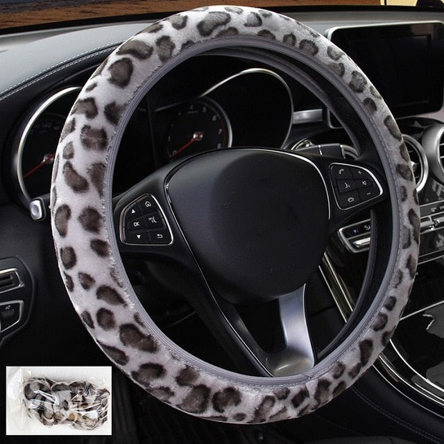 Universal Fashion Leopard Car Steering Wheel Cover Anti-Slip Soft Warm Flannelette Plush Elastic Section for Car Steering Wheel Protection Accessories