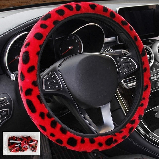 Universal Fashion Leopard Car Steering Wheel Cover Anti-Slip Soft Warm Flannelette Plush Elastic Section for Car Steering Wheel Protection Accessories