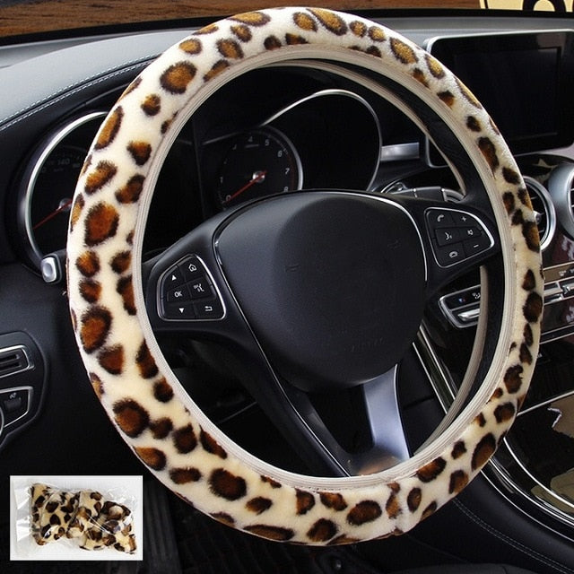 Universal Fashion Leopard Car Steering Wheel Cover Anti-Slip Soft Warm Flannelette Plush Elastic Section for Car Steering Wheel Protection Accessories