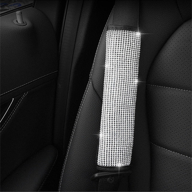Fashion Universal Bling Crystal Rhinestone Diamond Faux Leather Car for Steering Wheel Covers Shift Knob Handbrake Seat-belt Neck Pillow Waist Support Armrest-pad Auto Accessories Set Series