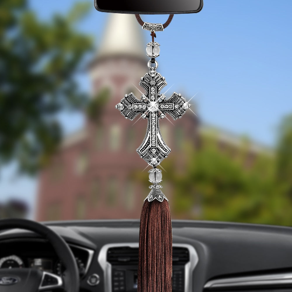 Car Rear View Mirror Pendant Hanging Metal and Crystal Diamond Cross Jesus Christian Styling Auto Accessories Decoration