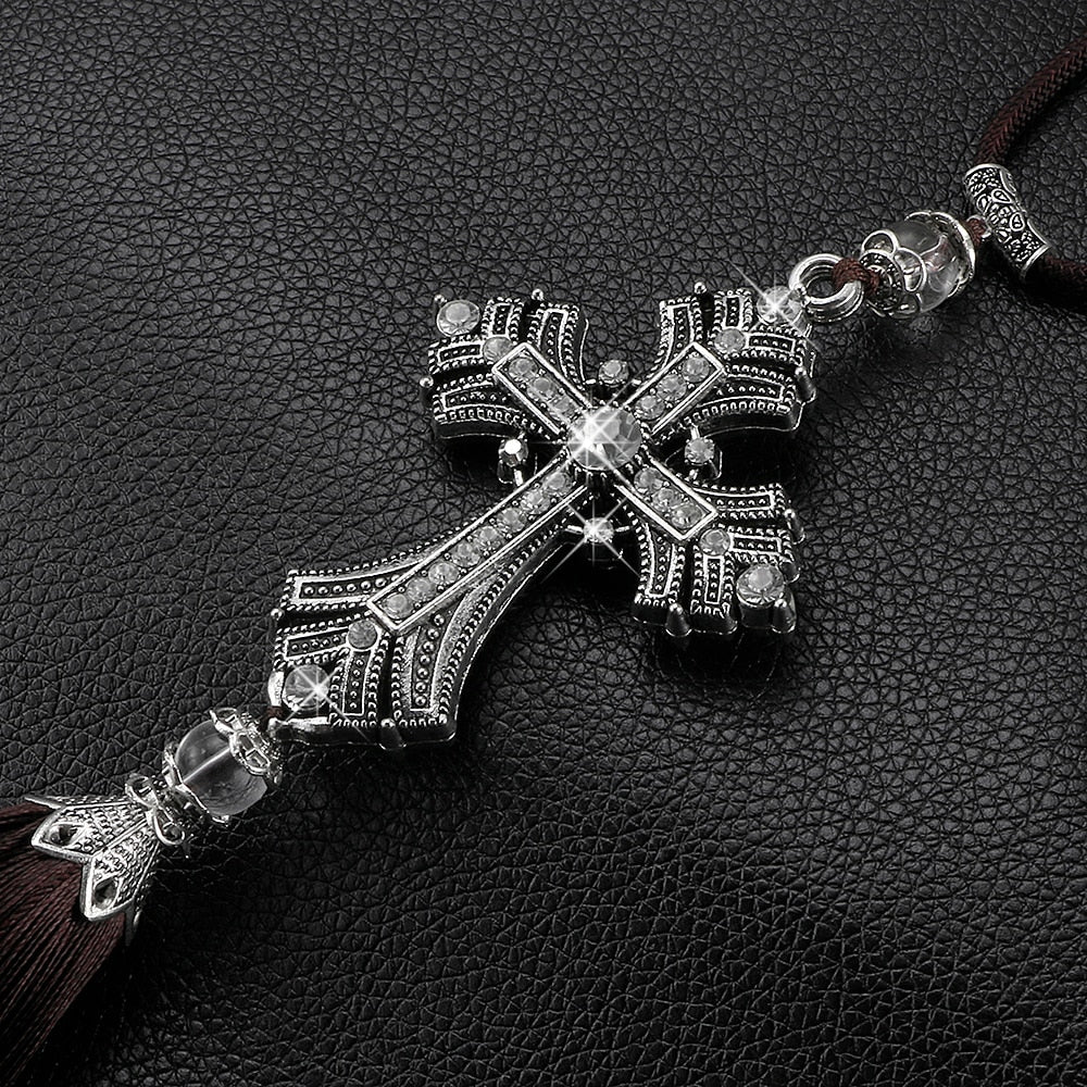 Car Rear View Mirror Pendant Hanging Metal and Crystal Diamond Cross Jesus Christian Styling Auto Accessories Decoration