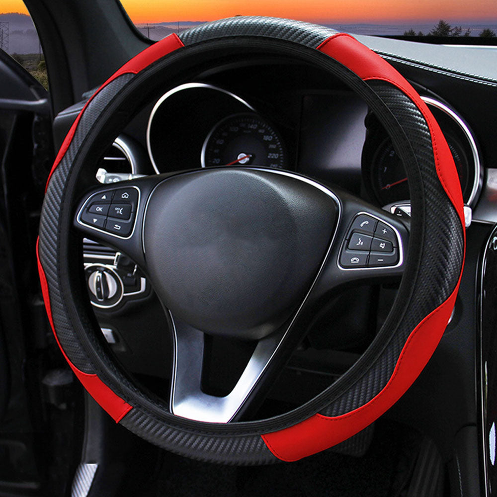 Carbon Fiber Car Steering Wheel Cover Breathable Anti Slip PU Leather Suitable 37-38cm for Auto Decoration