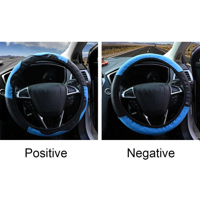 Carbon Fiber Car Steering Wheel Cover Breathable Anti Slip PU Leather Suitable 37-38cm for Auto Decoration