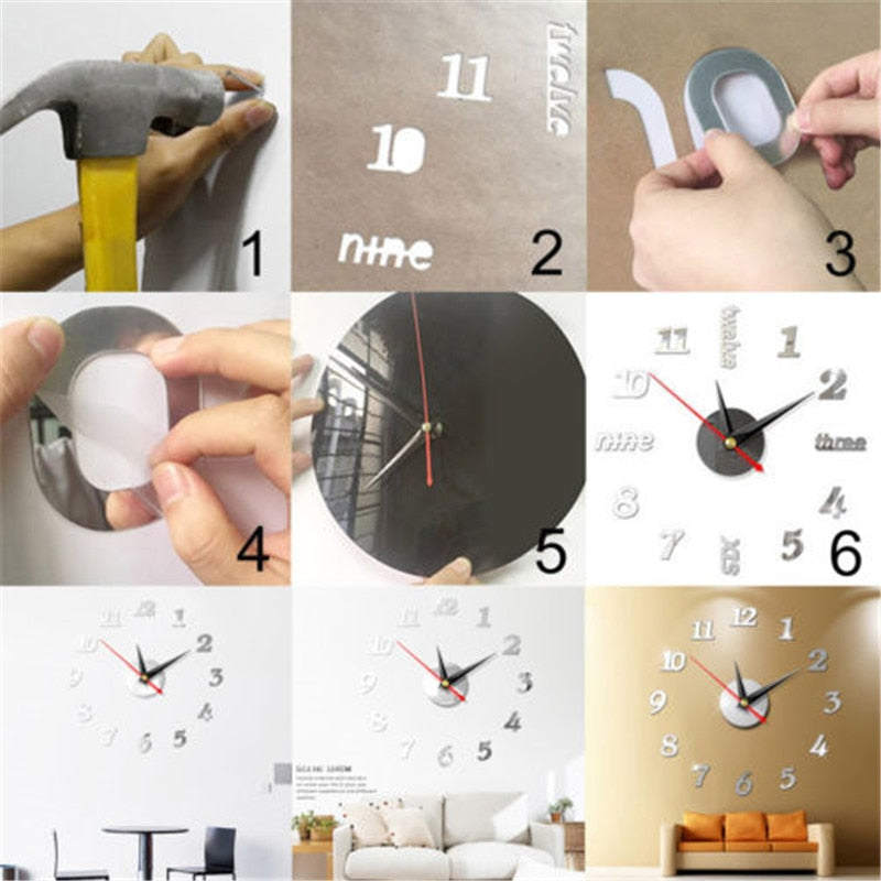 Big Wall Clock 3D Mirror Sticker Unique Big Number DIY Decor Wall Clock Art Sticker Decal Home Modern Decoration