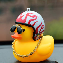 Cute Cartoon Lucky Cool Little Yellow Duck Toys With Helmet And Chain for Car Ornament  Auto Accessories Interior Decoration