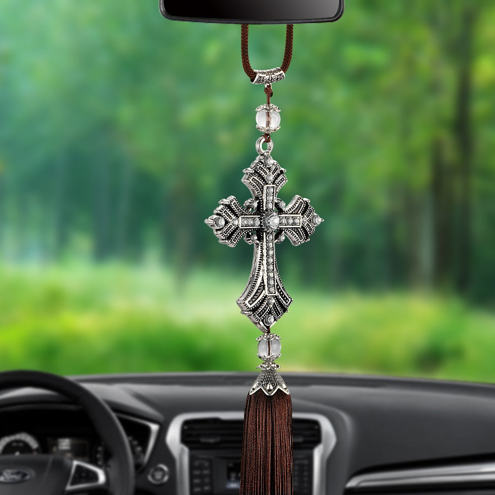 Car Rear View Mirror Pendant Hanging Metal and Crystal Diamond Cross Jesus Christian Styling Auto Accessories Decoration