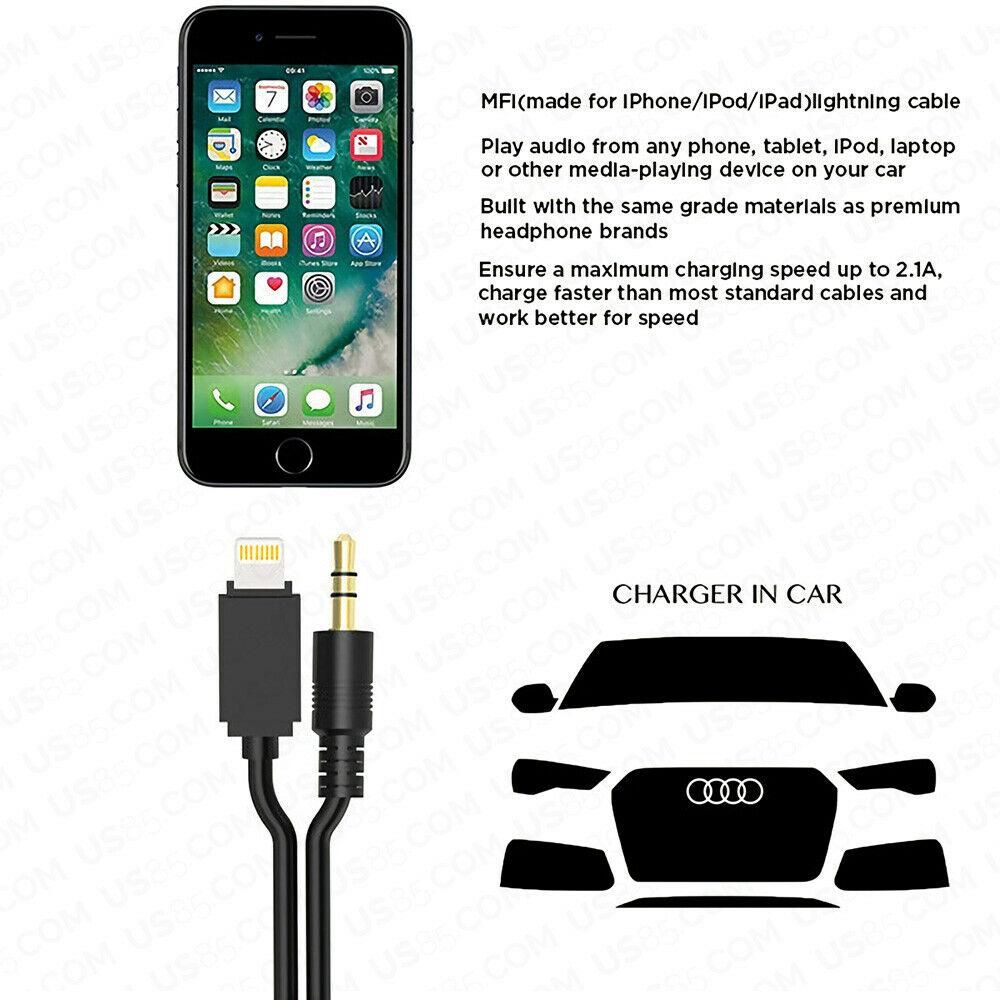 6ft For Audi VW AMI Adapter for iPhone Lightning Charging & AUX Cable MMI MEDIA Music Interface - US85.COM