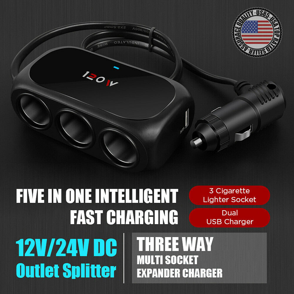 3 Socket Car Truck SUV Multi Cigarette Lighter Adapter Splitter Dual USB Charger