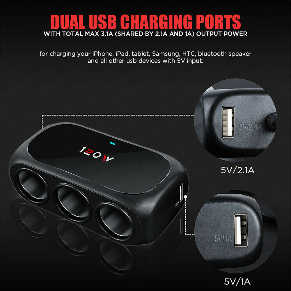 3 Socket Car Truck SUV Multi Cigarette Lighter Adapter Splitter Dual USB Charger