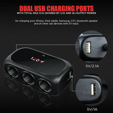 Load image into Gallery viewer, 3 Socket Car Truck SUV Multi Cigarette Lighter Adapter Splitter Dual USB Charger